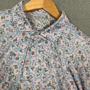 Rhoback Polo Shirt Men's Large L Blue Cherry Blossom Floral Stretch Golf Casual